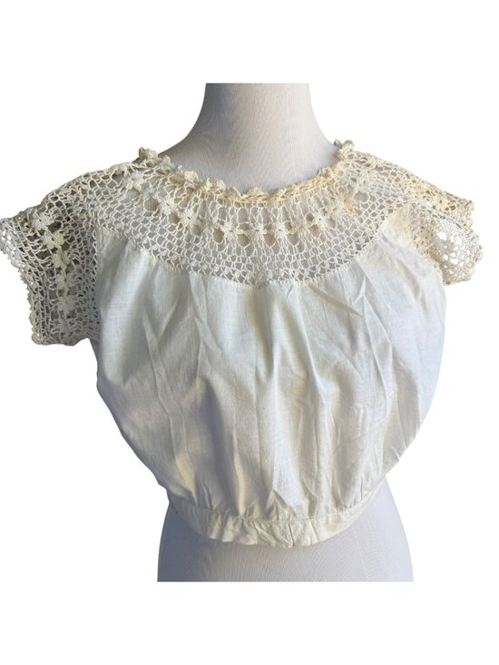 Unknown Tops - Antique Edwardian Corset Cover Camisole M Cream Crochet Yoke Lace Peasant Blouse